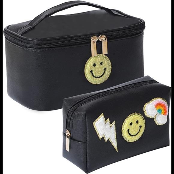 2 Pack Preppy Patch Makeup Bag Leather Cosmetic Bag Makeup Pouch, (Black) main image 4